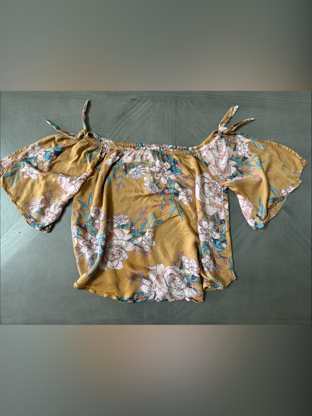 Billabong Mustard Floral Off-Shoulder Top with Pink & Teal Accents